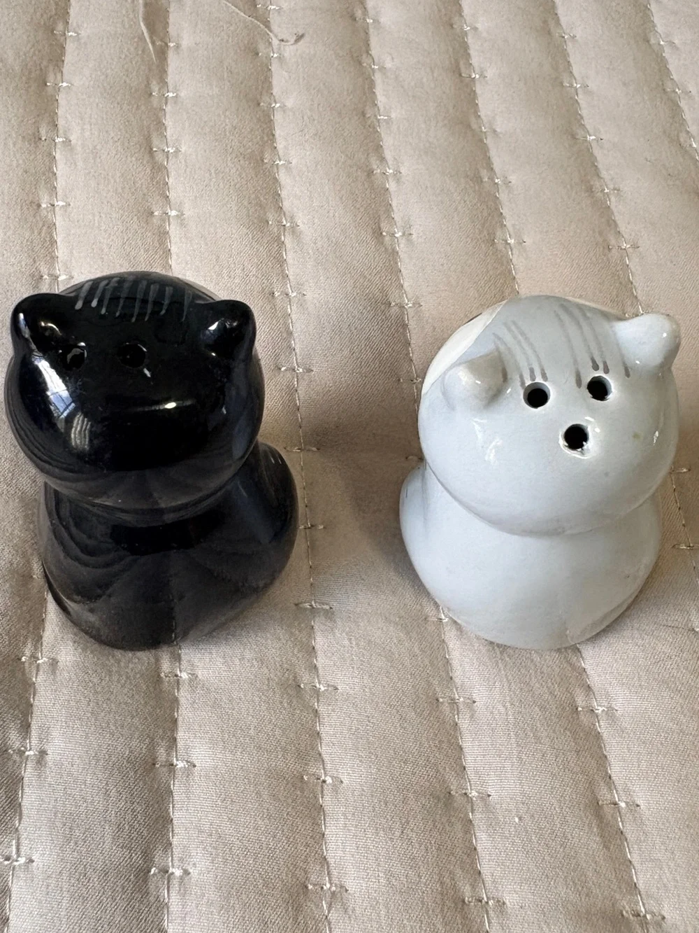 Ceramic Cat Salt and Pepper Shakers Set - Black Tuxedo Grey Tabby Kitty Decor
